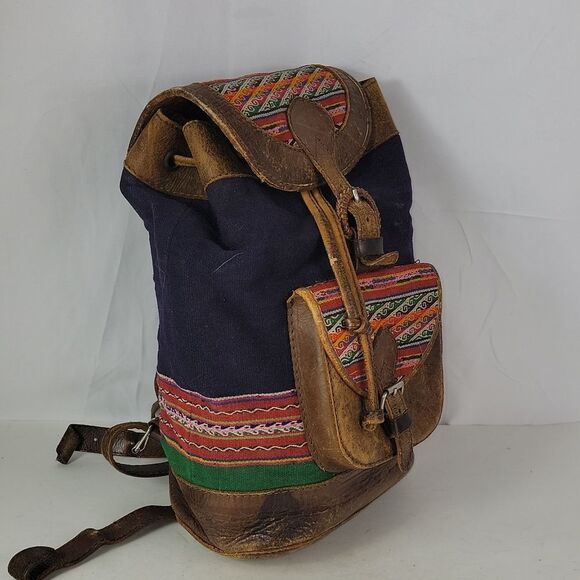Vintage BHL Leather Ethnic Aztec Woven Wool Backpack main image 6
